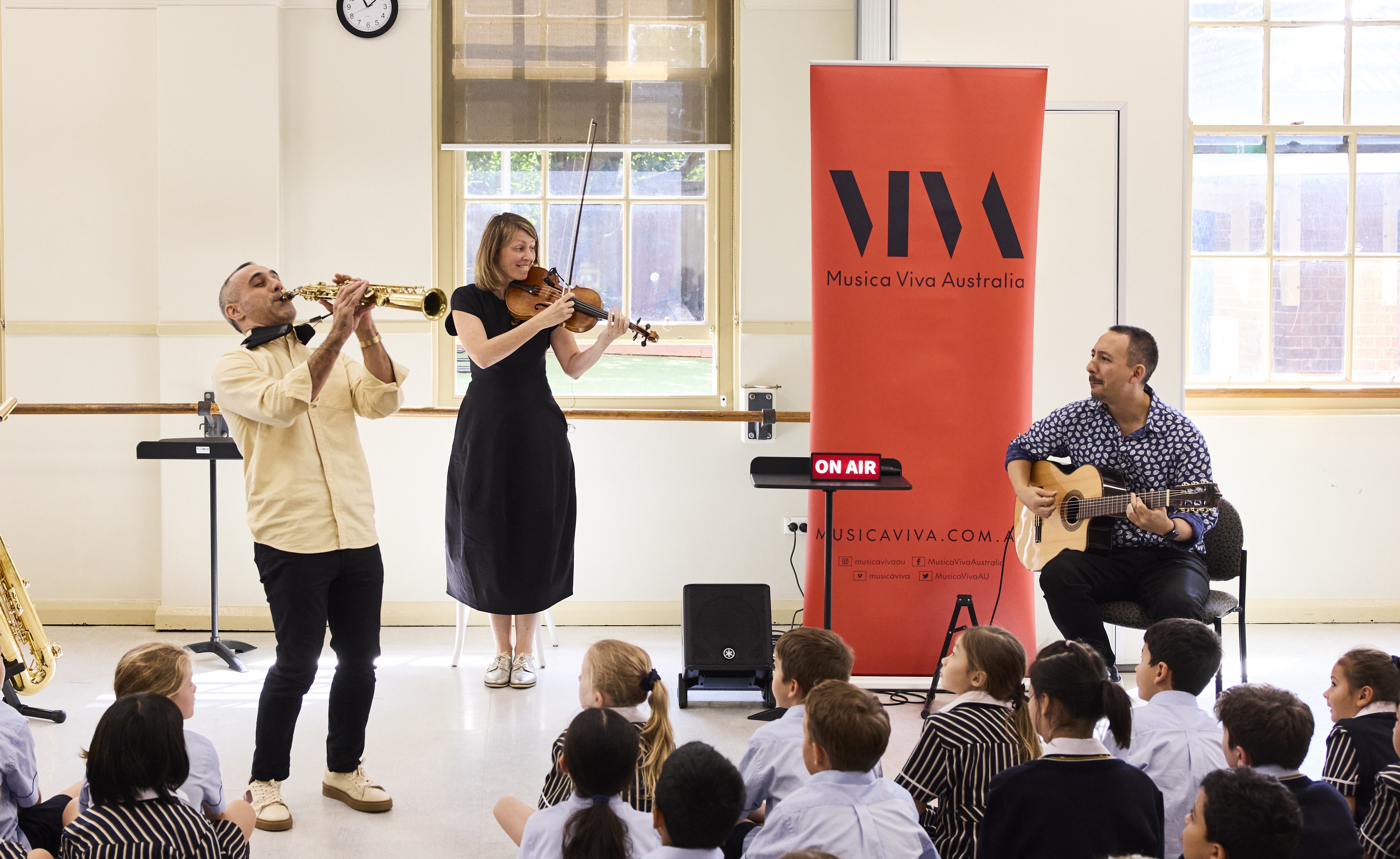 Nicholas Russoniello, Julia Russoniello and Murilo Tanouye performing at Redlands School NSW as part of Musica Viva Australia In Schools. Credit: Claudio Raschella